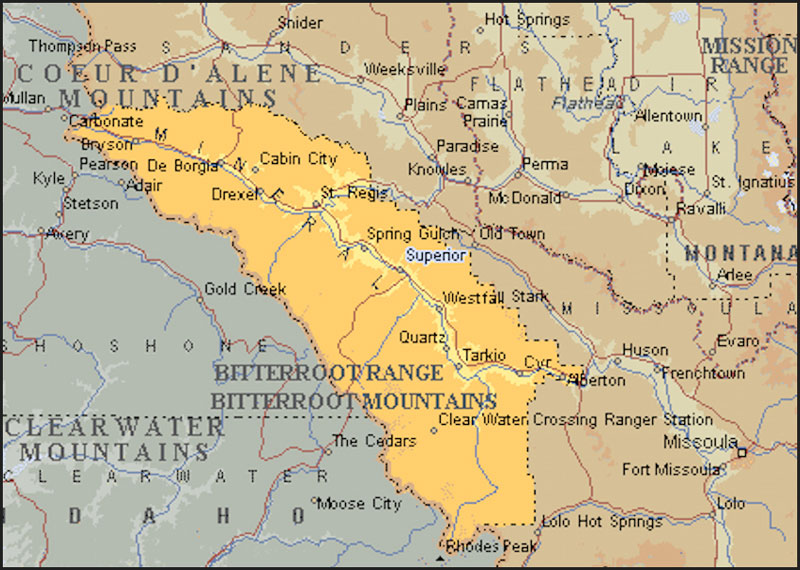 Historic map of Mineral County in Western Montana with the territory and outlaying surroundings.